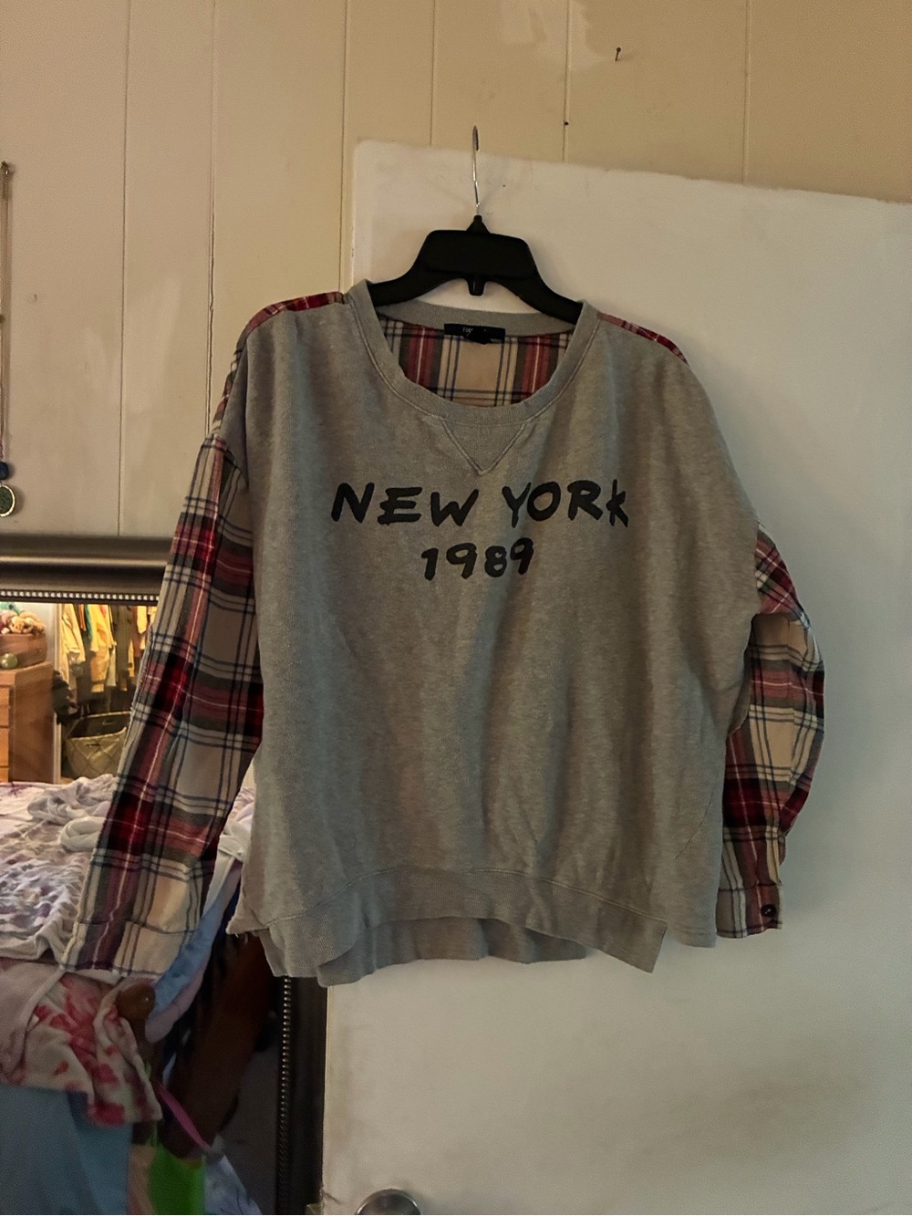 Forever 21 Gray Pullover with Red & Cream Plaid Sleeves